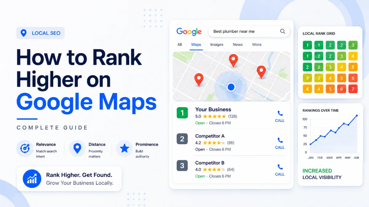 Illustration of Google Maps results, a local rank grid, and a local visibility trend dashboard