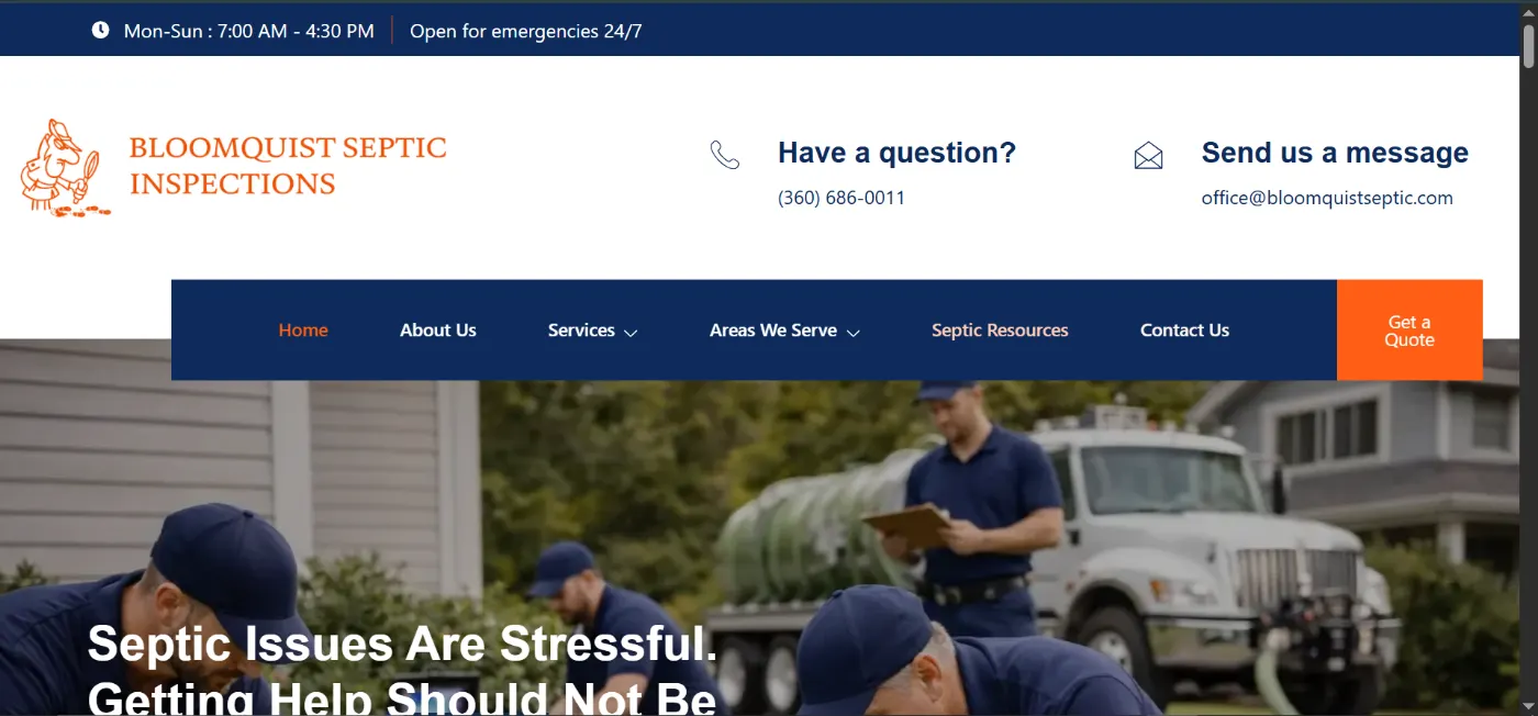 Bloomquist Septic website desktop homepage screenshot