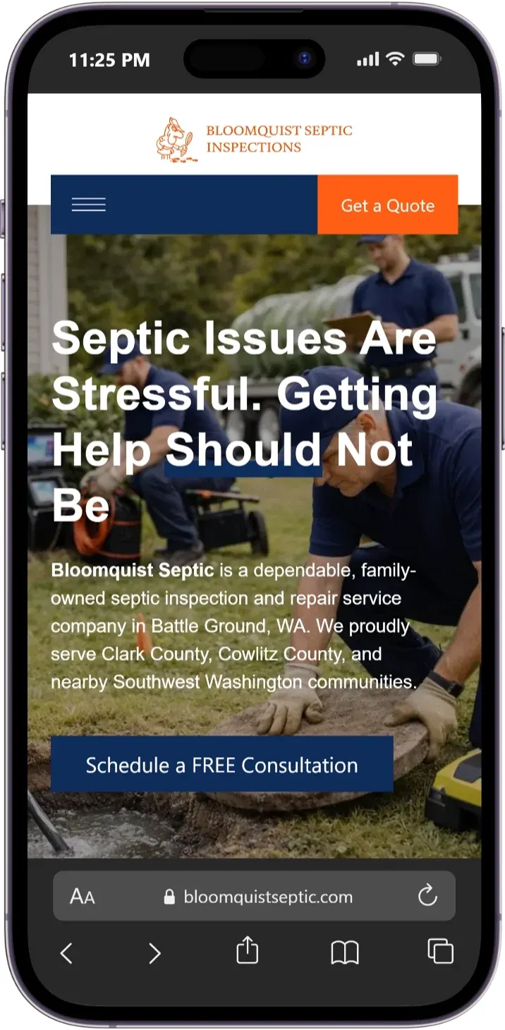 Bloomquist Septic WordPress website mobile homepage