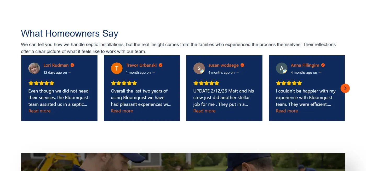 Customer reviews section on Bloomquist Septic website