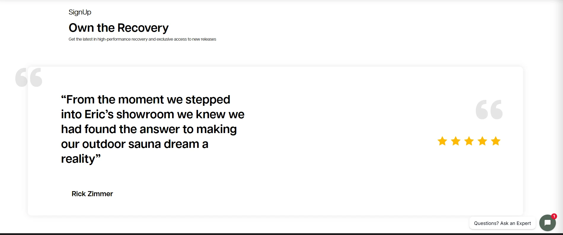 Customer testimonial section for a Des Moines sauna builder website