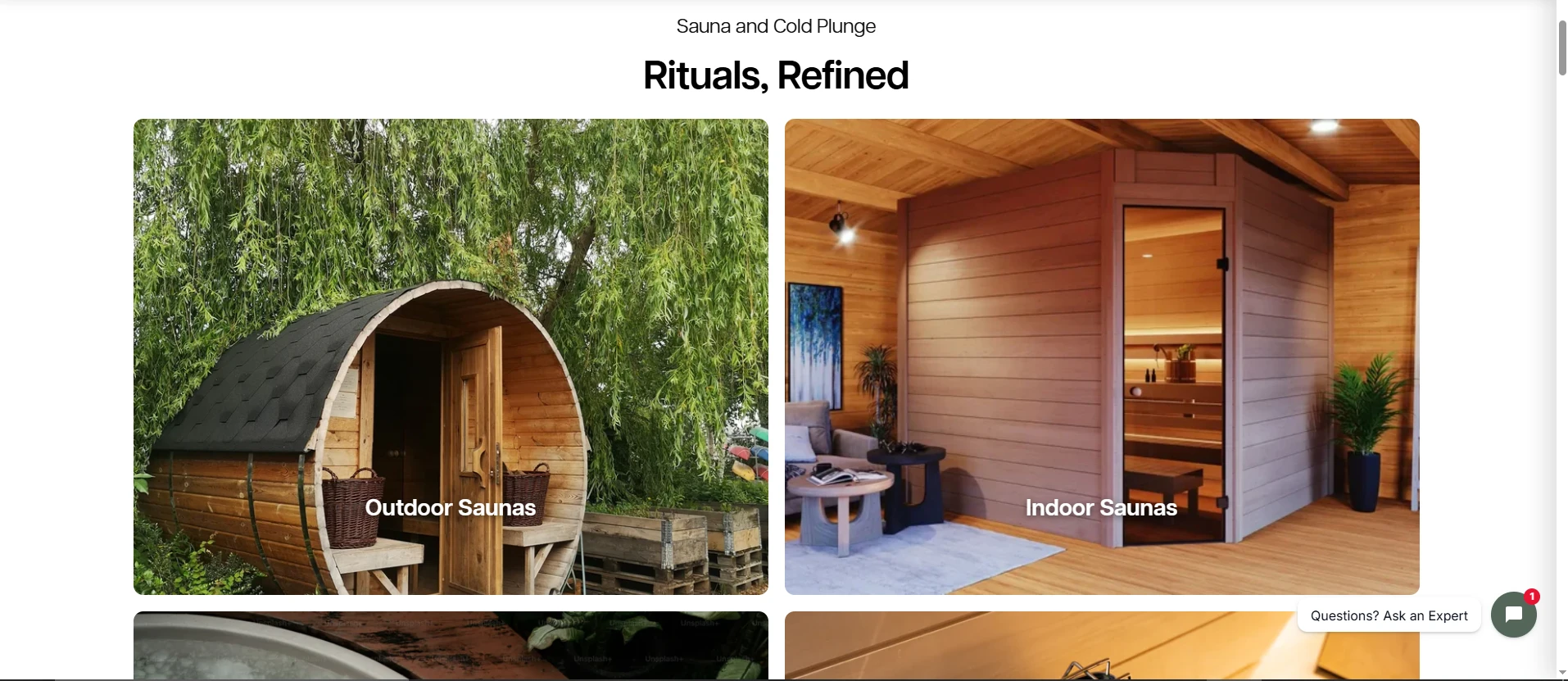 Website development for a Des Moines sauna builder showing indoor and outdoor sauna collection pages