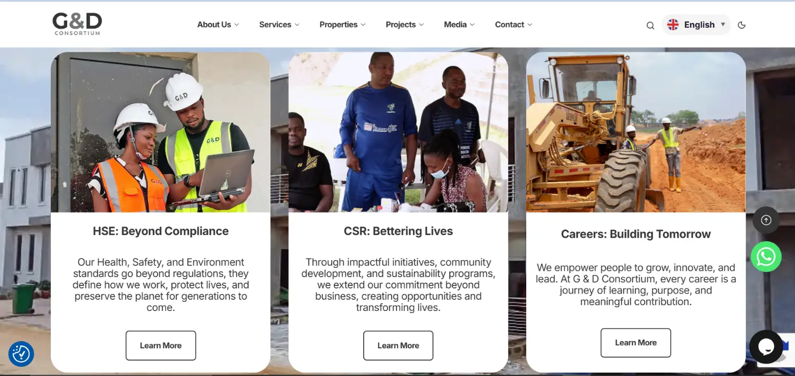 G&D Consortium WordPress website sections for health safety CSR and careers