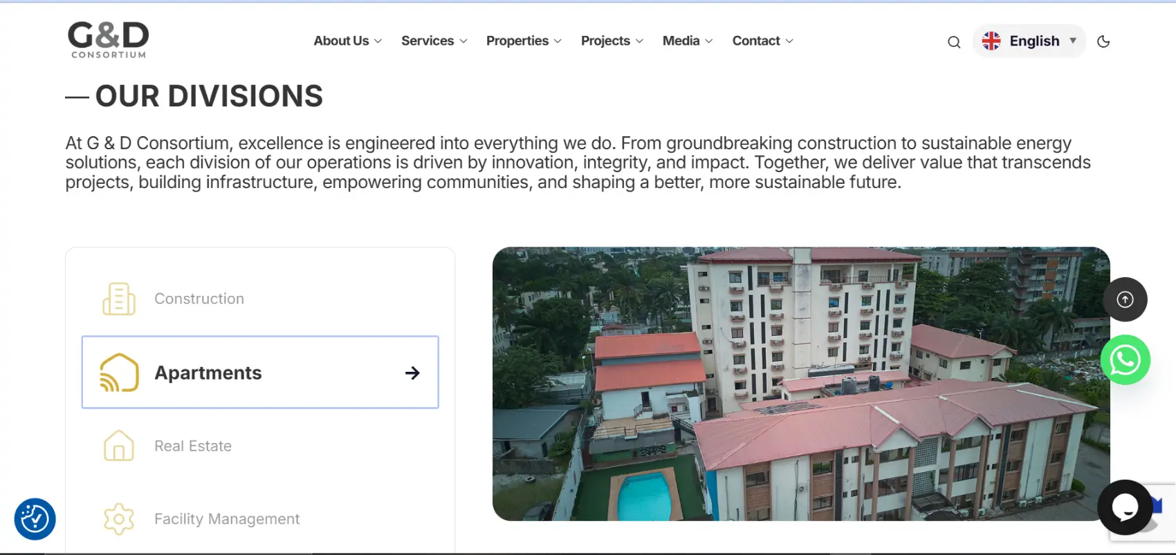 G&D Consortium WordPress website divisions and property services navigation