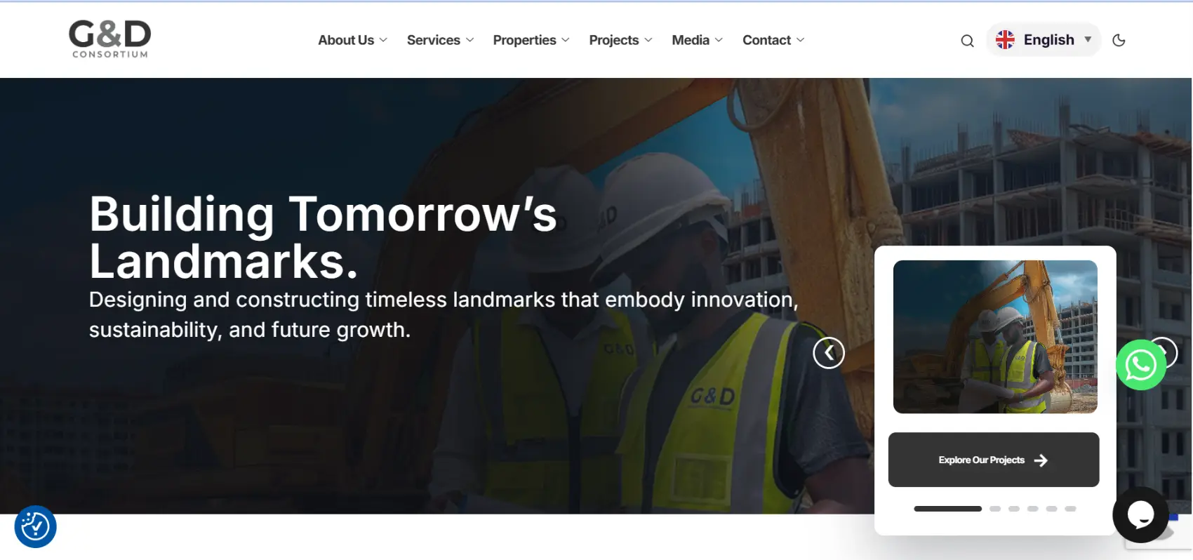 G&D Consortium construction company WordPress website homepage hero section