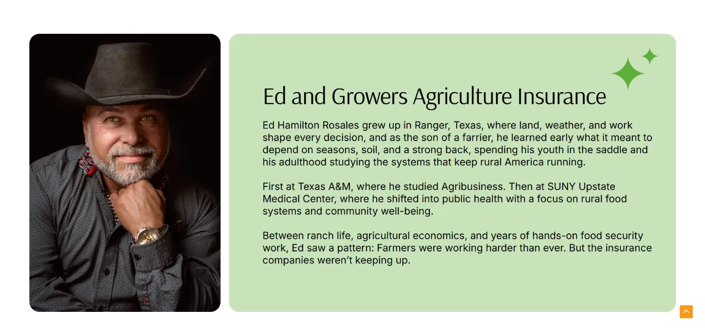 Founder story section on the Growers Agriculture Insurance WordPress website