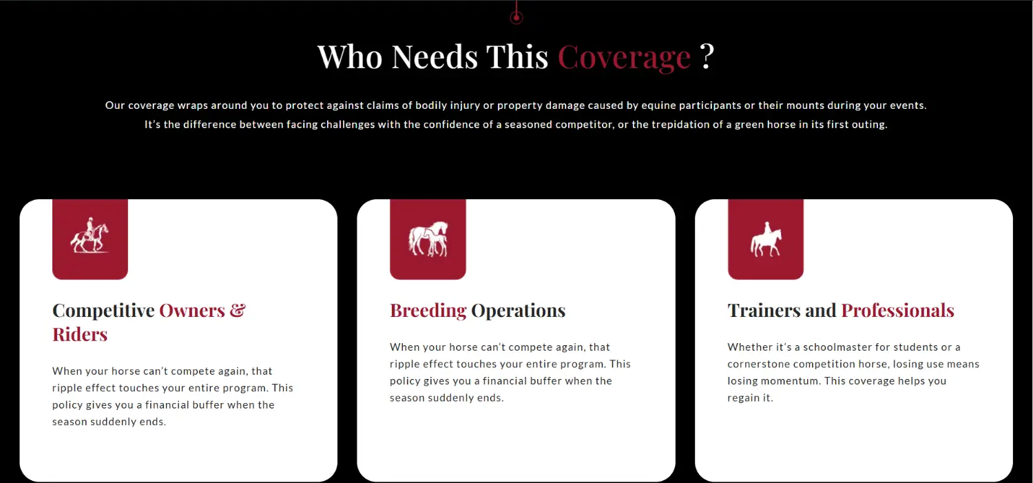 The Equerry equine insurance website audience cards for riders breeders and trainers
