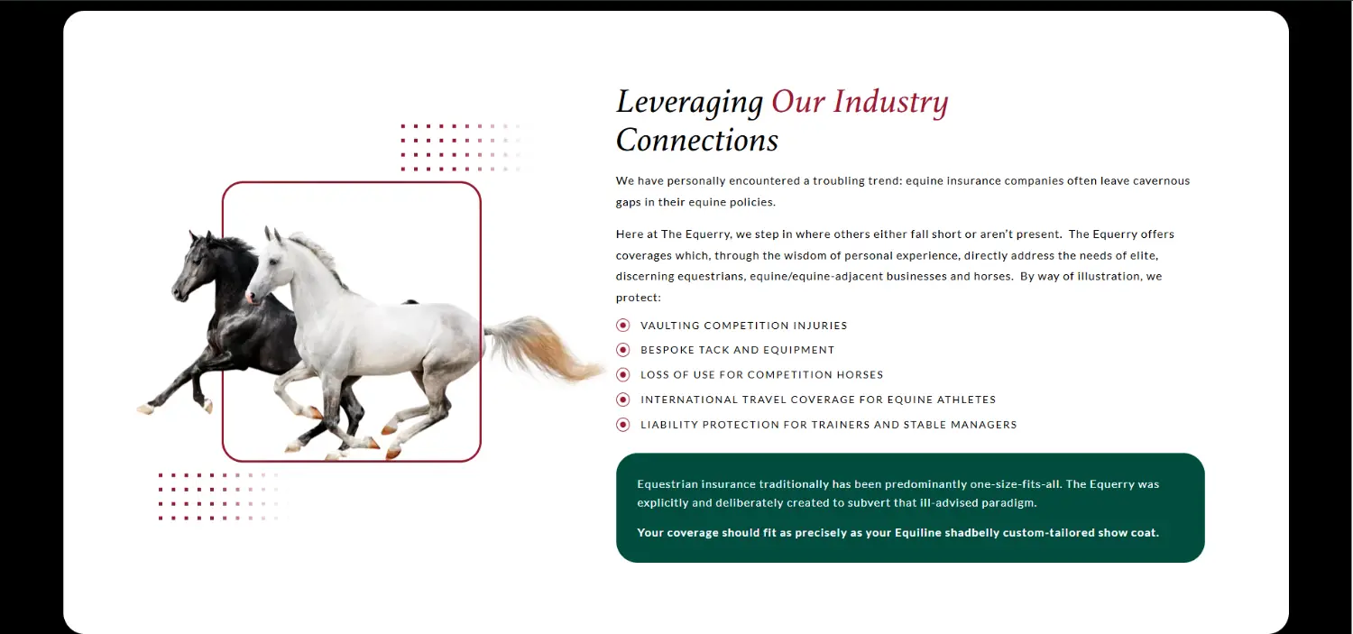 The Equerry horse insurance website section highlighting equine industry coverage