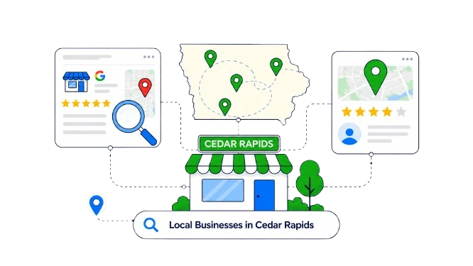 Illustration of local business search visibility in Cedar Rapids with map pins business profiles and storefront