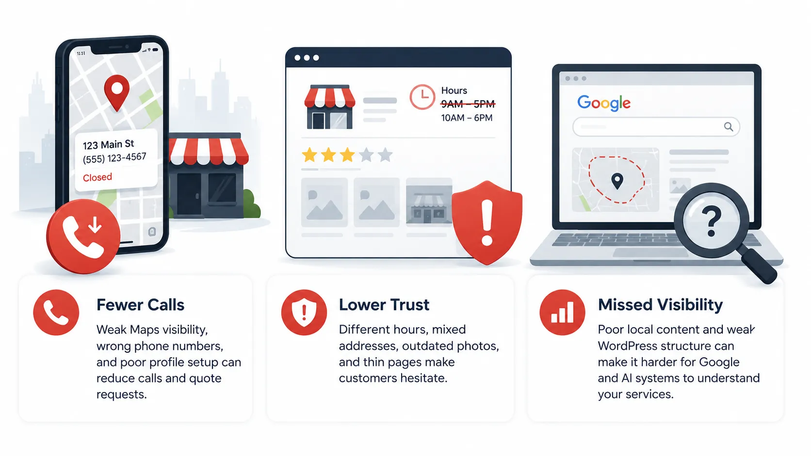 Illustration showing fewer calls lower trust and missed visibility when Cedar Rapids businesses ignore local search