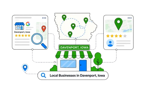 Illustration of local business search visibility in Davenport Iowa with map pins business profiles and storefront