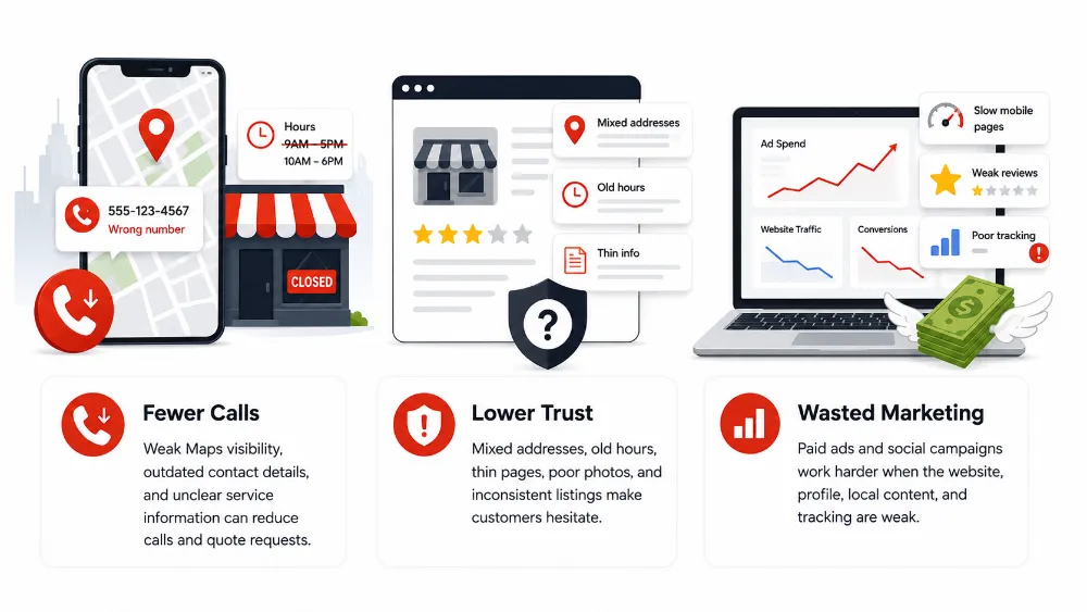 Illustration showing fewer calls lower trust and wasted marketing caused by weak local visibility in Davenport