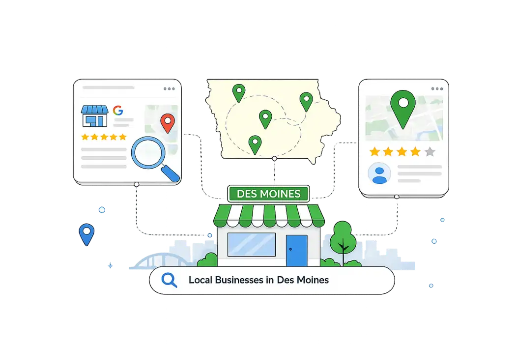 Illustration of local business search visibility in Des Moines with map pins business profiles and storefront