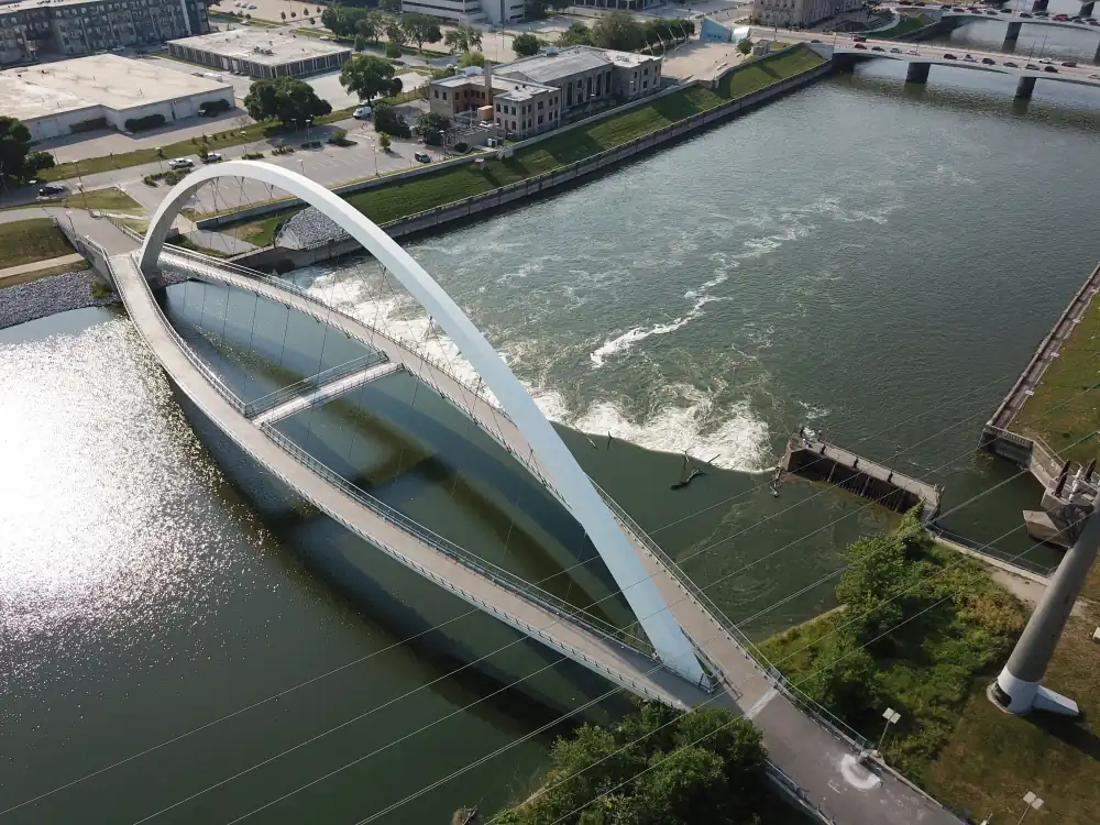 Aerial view of a pedestrian bridge over the Des Moines River in downtown Des Moines Iowa