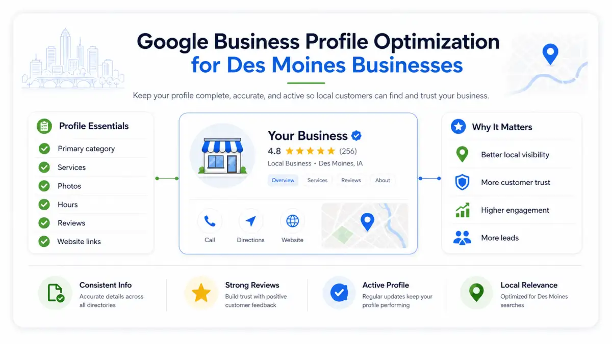 Google Business Profile optimization graphic for Des Moines businesses showing profile essentials reviews local visibility and customer actions