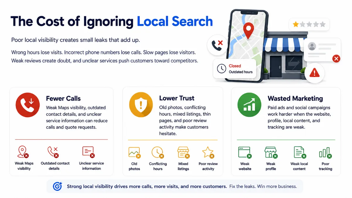 Illustration showing fewer calls lower trust and wasted marketing when Sioux City businesses ignore local search