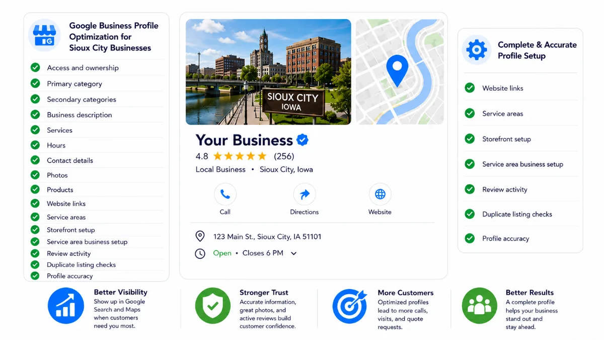 Google Business Profile optimization graphic for Sioux City businesses showing profile setup service areas reviews and customer actions