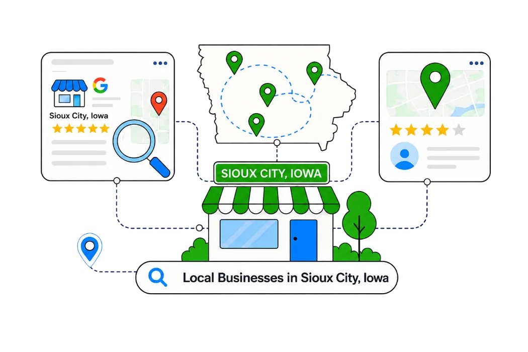 Illustration of local business search visibility in Sioux City Iowa with map pins business profiles and storefront
