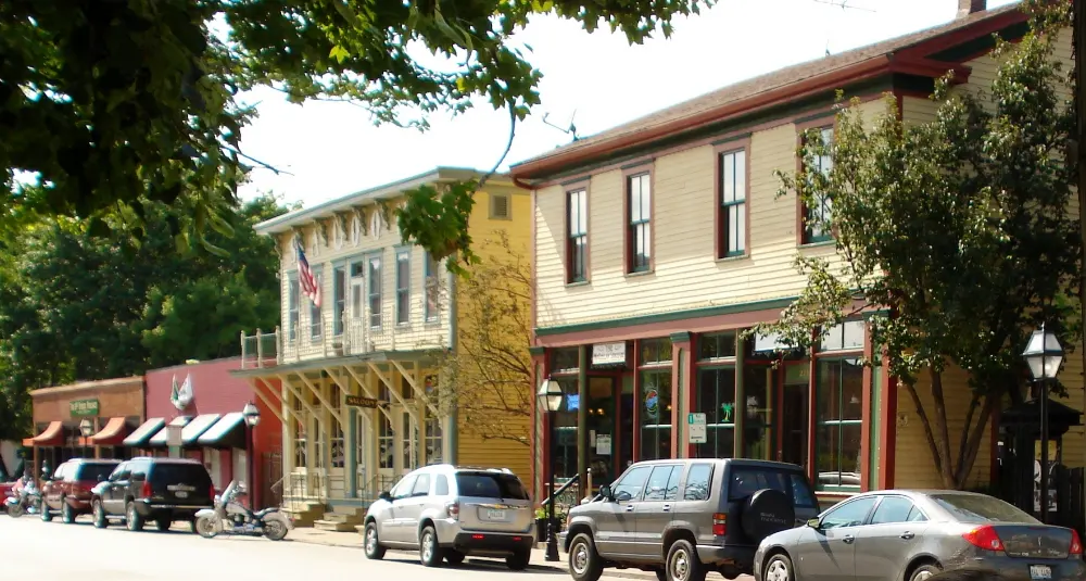 Historic storefronts and local businesses in the Village of East Davenport Iowa