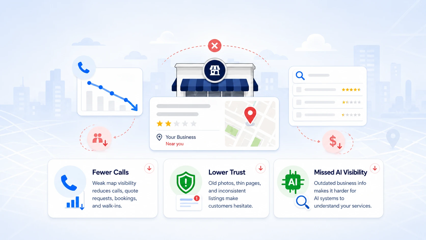 Illustration showing fewer calls lower trust and missed AI visibility when local search is ignored